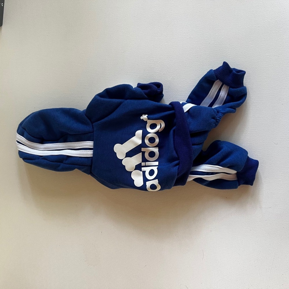 Adidog Pet Hoodie Jumpsuit Blue Athletic Small Dog Clothes Tracksuit 003 - Picture 3 of 8